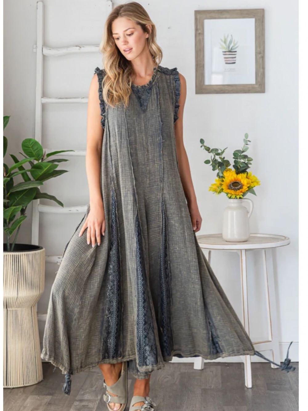 Oli & Hali Sleeveless Washed Gray Maxi Jumpsuit with Lace Insets. Brand New.